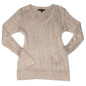 Knit tan sparkly sweater beige v neck top